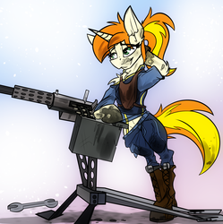 Size: 1280x1283 | Tagged: safe, artist:ralek, oc, oc only, oc:greaser, pony, unicorn, semi-anthro, fallout equestria, fallout equestria: outlaw, arm hooves, clothes, dirty, gun, midriff, solo, weapon