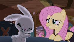 Size: 1280x720 | Tagged: safe, screencap, angel bunny, fluttershy, pegasus, pony, rabbit, g4, scare master, angel is a bunny bastard, duo, evil smile, female, grin, male, mare, pure unfiltered evil, smiling