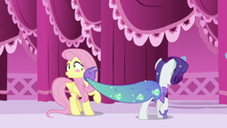 Size: 1280x720 | Tagged: safe, screencap, fluttershy, rarity, g4, scare master, carousel boutique, clothes, costume, dress, flutterbuse, mermarity, nightmare night costume, rarity's mermaid dress, slap