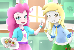 Size: 1500x1000 | Tagged: safe, artist:pika-chany, derpy hooves, pinkie pie, equestria girls, g4, duo, peace sign