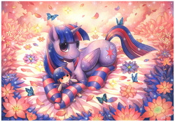 Size: 1362x956 | Tagged: safe, artist:emperpep, twilight sparkle, alicorn, butterfly, pony, g4, blushing, clothes, commission, doll, female, flower, mare, petals, plushie, prone, smiling, socks, solo, striped socks, toy, traditional art, twilight sparkle (alicorn), watercolor painting
