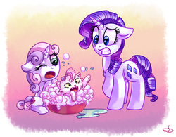 Size: 2000x1563 | Tagged: safe, artist:lightof-dawn, opalescence, rarity, sweetie belle, cat, pony, unicorn, crusaders of the lost mark, g4, season 5, adorable distress, bath, belle sisters, bubble, cute, cutie mark, fangs, female, filly, floppy ears, foal, forced bathing, gritted teeth, mare, one eye closed, open mouth, paw pads, siblings, signature, sisters, style emulation, the cmc's cutie marks, this will end in pain, unamused, whitediamonds-ish