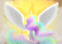 Size: 4961x3508 | Tagged: safe, artist:snailbert-arts, princess celestia, g4, both cutie marks, crepuscular rays, female, flying, solo, sun