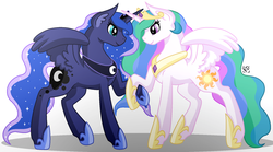 Size: 1800x1000 | Tagged: safe, artist:amazing-artsong, princess celestia, princess luna, alicorn, pony, g4, holding hooves, horn, horns are touching, simple background, sisters, spread wings