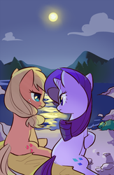 Size: 400x615 | Tagged: safe, artist:pan, applejack, rarity, g4, cloud, eye contact, frustrated, moon, outdoors, river, sitting