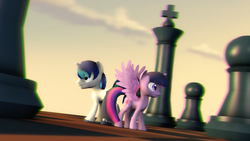 Size: 1920x1080 | Tagged: safe, artist:flutterdaz, shining armor, twilight sparkle, alicorn, pony, g4, 3d, anaglyph 3d, chess, female, mare, source filmmaker, twilight sparkle (alicorn)