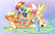 Size: 800x500 | Tagged: safe, artist:jurisalis, applejack, fluttershy, rainbow dash, earth pony, pegasus, pony, g4, appledashshy, blushing, cute, female, lesbian, mare, on back, open mouth, polyamory, ship:appledash, ship:appleshy, ship:flutterdash, shipping, smiling