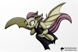 Size: 1000x667 | Tagged: safe, artist:rockingscorpion, fluttershy, bat pony, pony, vampire, g4, 2015, clothes, female, flutterbat, flying, halloween, happy halloween, happy nightmare night, looking down, nightmare night, signature, solo, theme