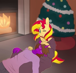 Size: 3977x3840 | Tagged: safe, artist:somescrub, sunset shimmer, oc, oc:sage archer, unicorn, anthro, g4, canon x oc, christmas, christmas lights, christmas tree, commission, couple, fire, fireplace, high res, shipping, tinsel, tree