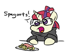 Size: 541x418 | Tagged: safe, artist:jargon scott, moondancer, pony, unicorn, g4, clothes, cute, dancerbetes, dialogue, female, glasses, open mouth, simple background, solo, spaghetti, spagoots, speech, white background