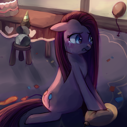 Size: 1280x1280 | Tagged: dead source, safe, artist:cherivinca, pinkie pie, rocky, earth pony, pony, g4, party of one, anatomically incorrect, balloon, balloon popping, crying, cushion, female, party balloon, pinkamena diane pie, solo
