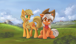 Size: 7500x4342 | Tagged: safe, artist:ardail, applejack, earth pony, pony, g4, absurd resolution, accessory swap, bandana, crossover, cute, death mountain, epona, eponadorable, female, freckles, grass, hyrule field, lon lon ranch, looking up, mare, nintendo, open mouth, ponified, raised hoof, sitting, sky, the legend of zelda, the legend of zelda: ocarina of time