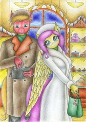 Size: 1228x1747 | Tagged: safe, artist:sinaherib, big macintosh, fluttershy, earth pony, anthro, g4, bakery, beard, breasts, clothes, coat, cute, dollars, female, male, ship:fluttermac, shipping, shopping, shyabetes, straight, traditional art, wallet, winter