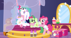 Size: 9900x5300 | Tagged: safe, artist:evilfrenzy, pinkie pie, princess celestia, oc, oc:madeleine, alicorn, earth pony, pony, g4, absurd resolution, adult foal, alternate hairstyle, baby bottle, clothes, diaper, diaper change, diaper fetish, diaper package, diapered, diapering, female, hair bow, mare, non-baby in diaper, pacifier, poofy diaper, rattle, shirt