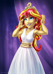 Size: 1080x1500 | Tagged: safe, artist:kp-shadowsquirrel, sunset shimmer, equestria girls, g4, my little pony equestria girls, armpits, clothes, crown, dress, earring, fall formal, fall formal outfits, female, lipstick, piercing, realistic, scene interpretation, smiling, solo, sunset shimmer's prom queen photos, when she smiles