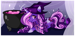 Size: 4100x2000 | Tagged: safe, artist:xwhitedreamsx, oc, oc only, oc:sweet bouquet, cauldron, hat, solo