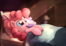 Size: 1421x1000 | Tagged: safe, artist:scootiebloom, maud pie, pinkie pie, earth pony, pony, g4, hearthbreakers, bed, crepuscular rays, cute, diapinkes, dust motes, female, lamp, mare, morning ponies, open mouth, scene interpretation, smiling, waking up