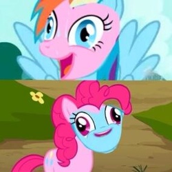 Size: 284x284 | Tagged: safe, edit, screencap, pinkie pie, rainbow dash, g4, face swap, not salmon, wat