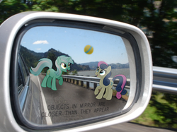 Size: 590x442 | Tagged: safe, artist:php76, bon bon, lyra heartstrings, sweetie drops, g4, ball, bon bon is amused, car, cute, highway, implied lyrabon, irl, lame joke, objects in mirror are closer than they appear, open mouth, photo, playing, ponies in real life, raised hoof, road, smiling, trace, vector