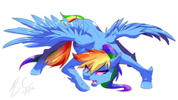 Size: 3200x1800 | Tagged: safe, artist:cabbion, rainbow dash, g4, action pose, both cutie marks, female, simple background, solo, spread wings, unshorn fetlocks