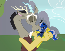 Size: 639x506 | Tagged: safe, artist:icelion87, discord, princess luna, g4, female, funny, kissing, male, plushie, ship:lunacord, shipping, straight