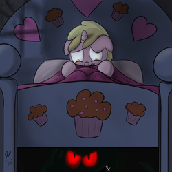 Size: 1050x1050 | Tagged: safe, artist:halflingpony, dinky hooves, pony, g4, bed, monster, scared