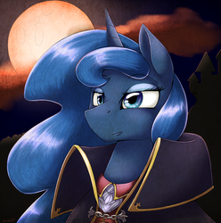 Size: 1983x2001 | Tagged: safe, artist:otakuap, princess luna, g4, :i, bust, castlevania, clothes, costume, female, lidded eyes, moon, parody, portrait, sidemouth, solo