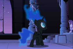 Size: 718x479 | Tagged: safe, artist:cross guard, nightmare moon, oc, oc:nyx, alicorn, pony, fanfic:past sins, g4, alicorn oc, animated, blank flank, castle of the royal pony sisters, floating, flowing mane, glowing, glowing eyes, glowing mouth, nightmare nyx, transformation, youtube link