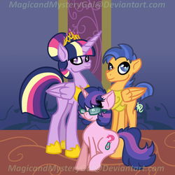Size: 860x860 | Tagged: safe, artist:magicandmysterygal, flash sentry, twilight sparkle, oc, oc:simple question, alicorn, pony, g4, alternate hairstyle, armor, female, glasses, male, mare, offspring, parent:flash sentry, parent:twilight sparkle, parents:flashlight, ship:flashlight, shipping, straight, twilight sparkle (alicorn)