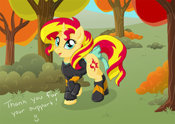 Size: 700x495 | Tagged: safe, artist:hollyivydesigns, sunset shimmer, pony, unicorn, g4, autumn, clothes, cute, female, shimmerbetes, solo, tail bow, tree