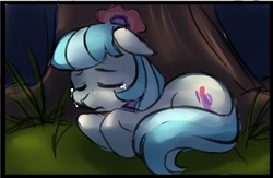 Size: 800x520 | Tagged: safe, artist:starshinebeast, coco pommel, earth pony, pony, g4, crying, female, mare, sad, sleeping, solo