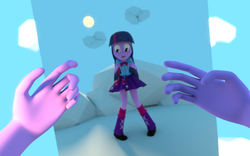 Size: 1920x1200 | Tagged: safe, artist:nyte-skyez, twilight sparkle, equestria girls, g4, 3d, blender, blouse, boots, bowtie, clothes, female, female pov, first person view, hair, implied body swap, looking at self, looking down, male to female, mirror, offscreen character, pleated skirt, pov, puffy sleeves, rule 63, shirt, shocked, shoes, skirt, socks, solo, teenager