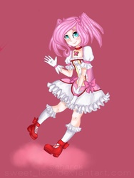 Size: 1536x2048 | Tagged: safe, artist:sweetlo0, fluttershy, human, g4, crossover, female, humanized, madoka kaname, puella magi madoka magica, solo