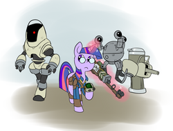 Size: 971x734 | Tagged: safe, artist:metal-kitty, twilight sparkle, robot, g4, clothes, crossover, fallout, fallout 4, glasses, gun, laser musket, magic, mister handy, pipboy, pipbuck, protectron, saddle bag, telekinesis, turret