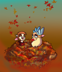 Size: 780x900 | Tagged: safe, artist:alorix, arizona (tfh), velvet (tfh), cow, deer, reindeer, them's fightin' herds, autumn, autumn leaves, community related, cute, female, funny, leaves, lesbian, ship:velvezona, shipping, velvezona daily