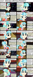 Size: 1282x2947 | Tagged: safe, coco pommel, earth pony, pony, comic:celestia's servant interview, g4, book, bulletin board, caption, cocobetes, comic, cs captions, cute, fabric, female, hoof in mouth, interview, manehattan, mare, solo