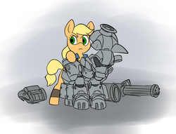 Size: 835x637 | Tagged: safe, artist:metal-kitty, applejack, earth pony, pony, g4, armor, clothes, crossover, fallout, fallout 4, female, gun, minigun, missing accessory, power armor, powered exoskeleton, solo, weapon