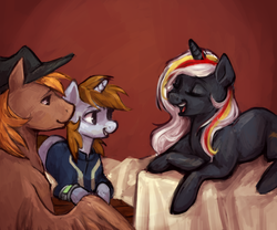 Size: 1024x854 | Tagged: safe, artist:johling, oc, oc only, oc:calamity, oc:littlepip, oc:velvet remedy, pegasus, pony, unicorn, fallout equestria, bed, clothes, fanfic, fanfic art, female, hat, jumpsuit, male, mare, pipbuck, prone, stallion, vault suit