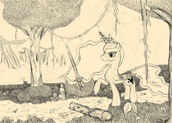Size: 3500x2500 | Tagged: safe, artist:lightningdasher, princess luna, g4, female, forest, high res, hunting, monochrome, sketch, solo, sword, walking, weapon, wip