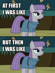 Size: 597x800 | Tagged: safe, edit, edited screencap, screencap, maud pie, earth pony, pony, g4, maud pie (episode), at first i was like but then i was like, female, image macro, mare, maud being maud, maud pie may or may not be amused, meme, solo