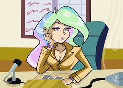 Size: 3037x2179 | Tagged: safe, artist:frankaraya, princess celestia, principal celestia, equestria girls, g4, breasts, busty princess celestia, celestia's office, chair, cleavage, desk, female, high res, office, scene interpretation, solo, unamused