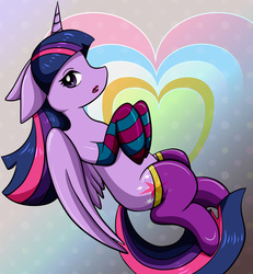 Size: 900x973 | Tagged: safe, artist:wetfox, twilight sparkle, alicorn, pony, g4, clothes, female, floppy ears, lipstick, mare, socks, solo, stockings, striped socks, thigh highs, twilight sparkle (alicorn)