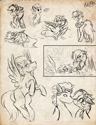 Size: 2000x2600 | Tagged: safe, artist:monnarcha, rainbow dash, soarin', pony, g4, boop, female, food, goggles, high res, male, monochrome, pie, ship:soarindash, shipping, sketch, straight, traditional art, waterfall