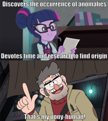 Size: 800x897 | Tagged: safe, artist:sketchmcreations, sci-twi, twilight sparkle, equestria girls, g4, my little pony equestria girls: friendship games, caption, clothes, crystal prep academy uniform, dipper and mabel vs. the future, gravity falls, image macro, male, meme, polydactyly, school uniform, spoilers for another series, stanford pines, text, that's my x
