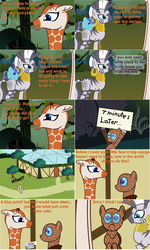 Size: 1809x3021 | Tagged: safe, artist:timberthewoodpony, zecora, oc, oc:bamboo, oc:timber the wood pony, giraffe, goo pony, original species, zebra, g4, affection, blueprint, day, earring, everfree forest, greenhouse, kiss mark, noise, piercing, that was fast, time card, trail, tree, wood pony