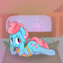 Size: 725x725 | Tagged: safe, artist:quarantinedchaoz, cup cake, earth pony, pony, g4, apron, bedroom eyes, clothes, earring, female, lying, piercing, solo, sugarcube corner