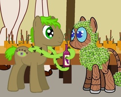 Size: 1000x800 | Tagged: safe, artist:timberthewoodpony, oc, oc only, oc:bamboo, oc:timber the wood pony, giraffe, goo pony, original species, alcohol, bottle, chia pets, food, greenhouse, indoors, tentacles, vine, wine, wine bottle, wood pony