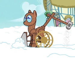 Size: 1000x800 | Tagged: safe, artist:timberthewoodpony, oc, oc only, oc:timber the wood pony, goo pony, original species, ask, day, female, food, ponyville, public service, salt, snow, snow plow, solo, tumblr, winter, wood pony