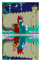 Size: 2450x3675 | Tagged: safe, artist:rhjunior, oc, oc only, changeling, pegasus, pony, unicorn, castle, female, high res, male, pond, reflection, romeo and juliet, straight