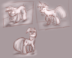Size: 1132x911 | Tagged: safe, artist:post-it, twilight sparkle, g4, colored sketch, cowering, female, monochrome, scared, sketch, sketch dump, solo